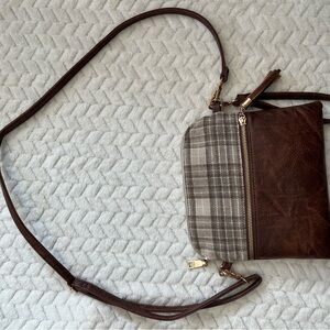 Brown and Gray Plaid Crossbody Bag